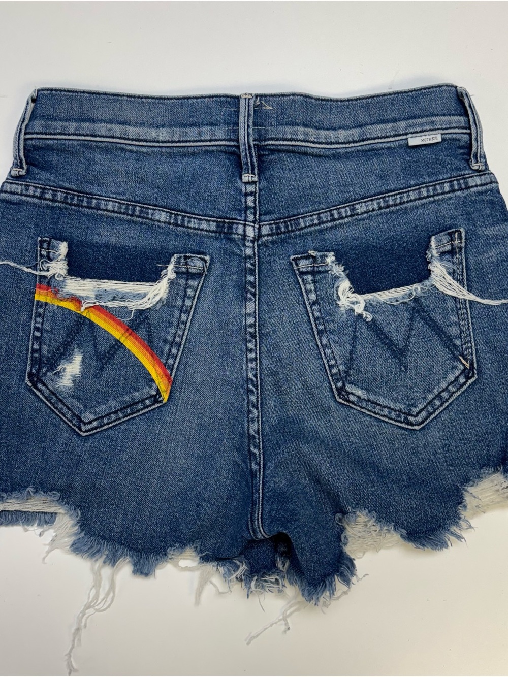 MOTHER Blue Denim High-Rise Cutoff Shorts with Rainbow Pocket - Picture 7 of 8